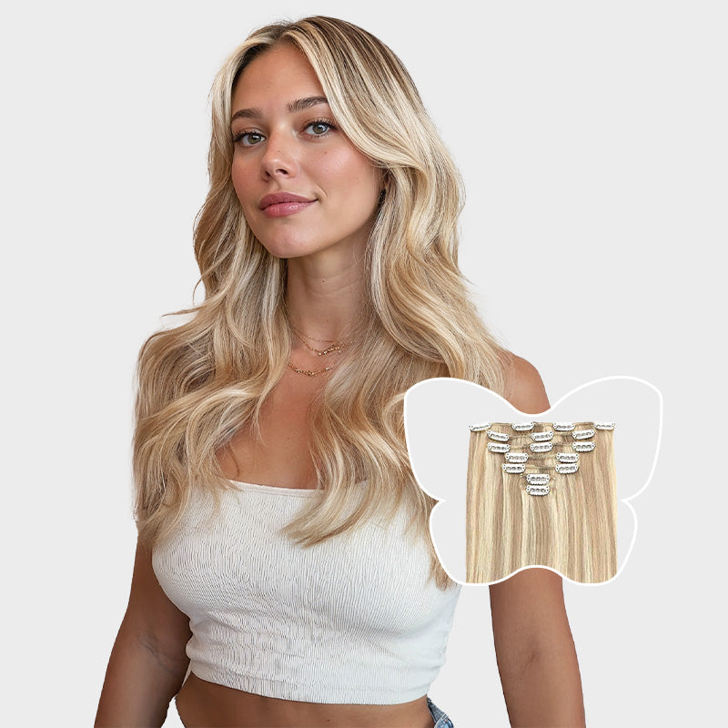 7-Piece_Dark_Blonde_Bleach_Blonde_Highlights_18A613A_Clip_in_Hair_Extensions