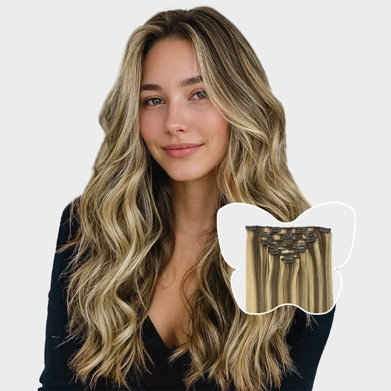 7-Piece_Medium_Brown_Golden_Blonde_Highlights_822_Clip_in_Hair_Extensions